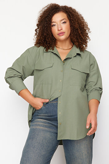 Trendyol Curve Khaki Cotton Long Sleeve Double Pocket Skirt Slit Poplin Woven Plus Size Shirt