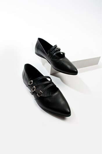 Nstil Casual Women's Black Leather Ballerinas with Adjustable Buckle Pointed Toe Simple Comfortable Stylish Lightweight Shoes S-420
