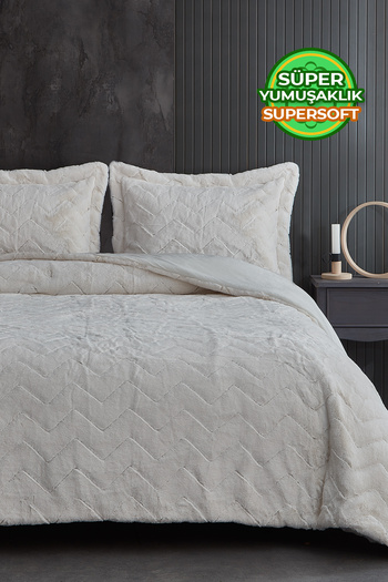 Evlen Home Collection Fur Quilt Sleeping Set Double (SIDED) Personality Kry Soft Filled Plush 3 Piece Bedspread White