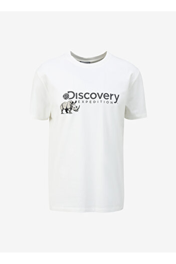 Discovery Expedition Beyaz Erkek Bisiklet Yaka Basic Fit Baskılı T-Shirt D4SM-TST3312
