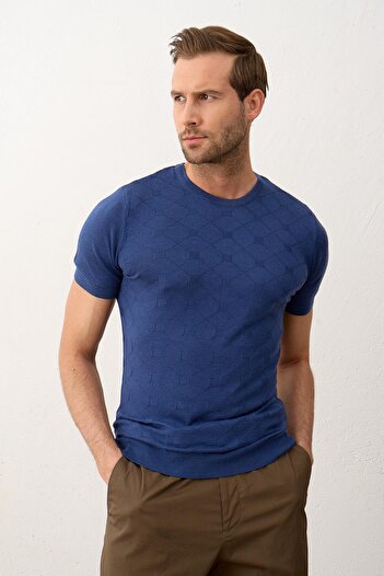 Danger Men's Square Patterned Slim-fit Summer Knit T-shirt Indigo