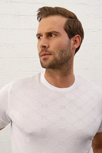 Danger Men's Square Patterned Slim-fit Summer Knitwear T-shirt White
