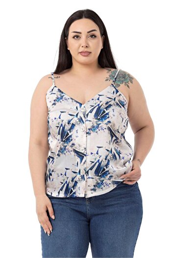 DISENTIS MODEST Plus Size Adjustable Thin Strap Buttoned Front Floral Print Navy Blue Blouse