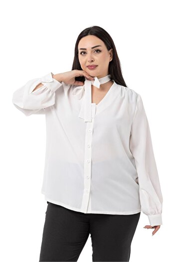 DISENTIS MODEST Large Size White Shirt with Halter Detail and Cuffs