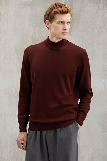 GRIMELANGE Cesare Men's 50% Cotton Special Silk Handle Anti-Pilling Soft Stand Collar Burgundy Sweater