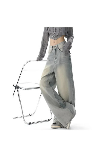 Violon Mavi Eskitme Retro Baggy Unisex Wide Leg Pantolon Jeans