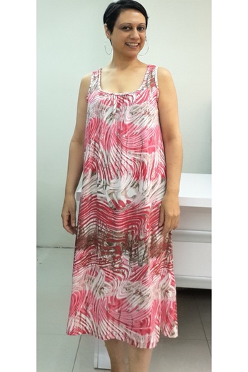 Mertcan Butik Red Pink Patterned Combed Cotton Viscose Dress with Shirred Front and Back
