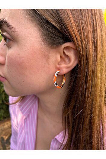 ByMerve Bym183 Neon Orange Evil Eye Enamel Daily Hoop Women's Steel Earrings