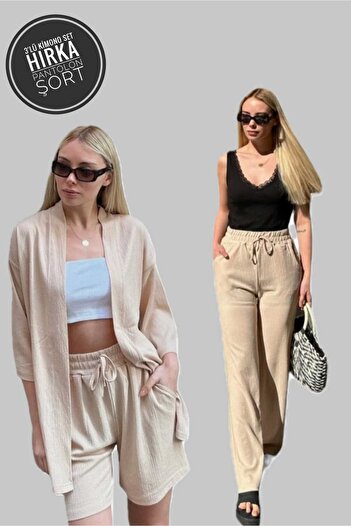 AFROGİYİM Women's Solid Color Relaxed Fit 3-Piece Set Kimono SHORTS PANTS CARDIGAN Bottom Top Set