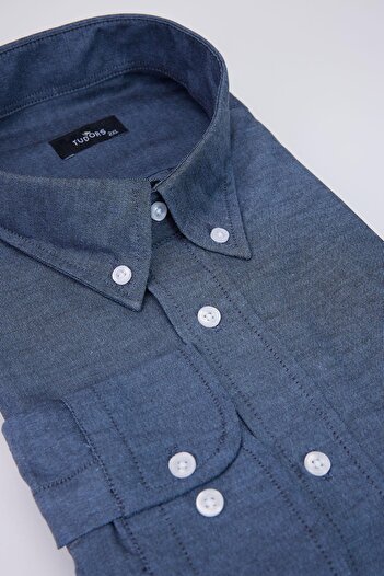 Tudors Plus Size Long Sleeve Oxford Texture Collar Buttoned Pocket Embroidered Blue Men's Shirt