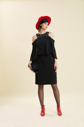 VERDA Off-the-Shoulder Flounce Sleeves Embroidered Collar Evening Dress