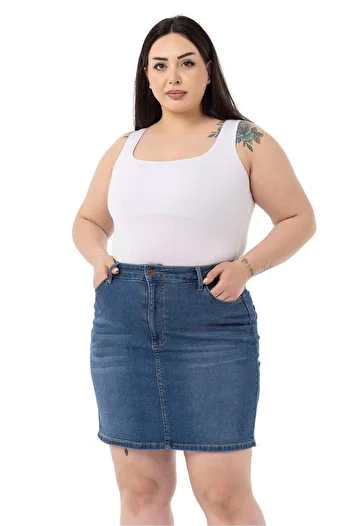 DISENTIS MODEST Plus Size Blue Mini Denim Skirt with Grinding Detail and Five Pockets