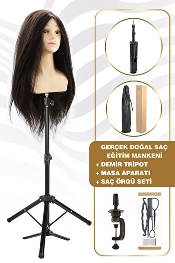 KONAK PERUK Omuzlu Gerçek Saç Kuaför Eğitim Mankeni / Naturel Renk + Demir Tripod + Saç Örgü Seti + Masa Aparatı