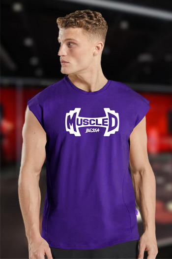 BESSA Men's Muscled Printed Purple Oversize Crew Neck Cotton Sleeveless Athlete