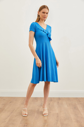 Olalook Rochie mini pentru femei, albastră, cu guler dublu, cu volane, ELB-19002149