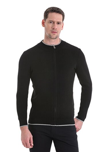 Hatemoğlu Black Knitwear Cardigan - Regular Fit, Solid Half Turtleneck, Zippered