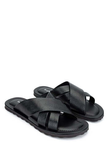 Sandals Factory Men's Genuine Leather Black Flat Slippers