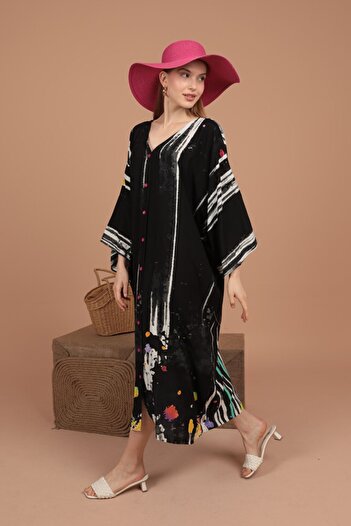lovebox New Season Viscose Printed Fabric Panel Printed Women's Loose Black Dress