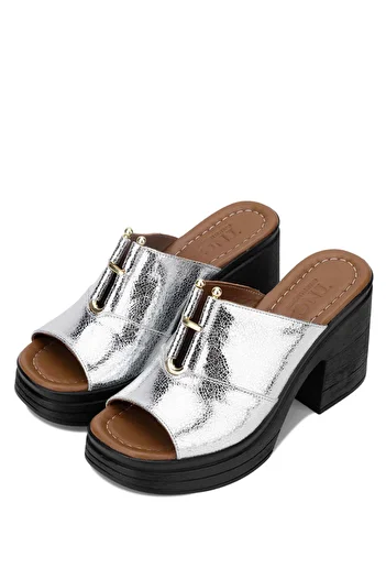 Tamer Tanca Women's Genuine Leather Gray Heeled Slippers