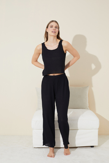 Siyah İnci Black Camisole Cotton Knitted Pajama Set