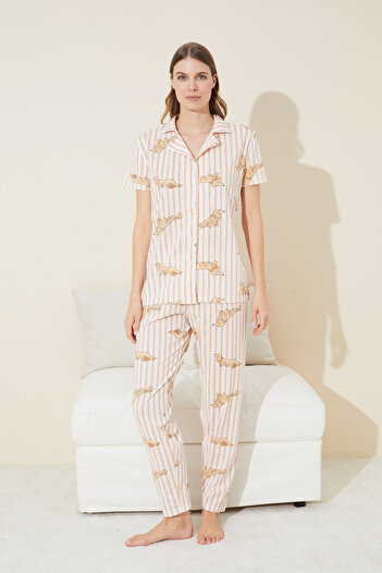 Siyah İnci mink white dog pattern Knitted Button Pajamas Set