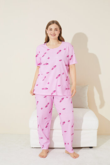 Siyah İnci pink car print Knitted Curve Plus Size Battal Length Pajama Set