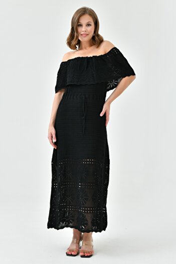lovebox Knitted Fabric Waist Unlined Midi Length Sleeveless Strapless Collar Summer Black Crochet Dress 24Y2713