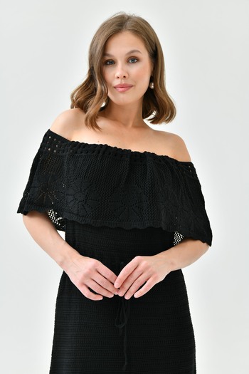 lovebox Knitted Fabric Waist Unlined Midi Length Sleeveless Strapless Collar Summer Black Crochet Dress 24Y2713