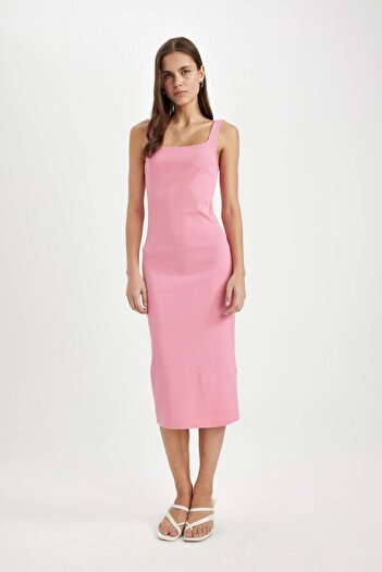 DeFacto Bodycon Fitted Basic Plain Square Neck Ribbed Camisole Sleeveless Midi Dress Z7577Az24Sm
