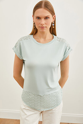 Olalook Γυναικείο Μπλουζάκι Water Green Guipure Detailed TSH-19000190