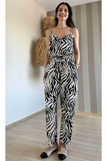 Atelier Derin Beige Black Patterned Degaje Collar Jumpsuit