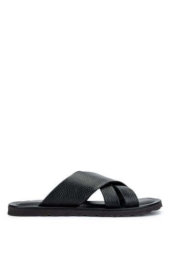 Sandals Factory Men's Genuine Leather Black Flat Slippers