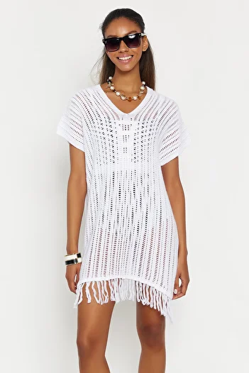 Hopoi Women's Ecru Tasseled Openwork Beach Dress Hop1312