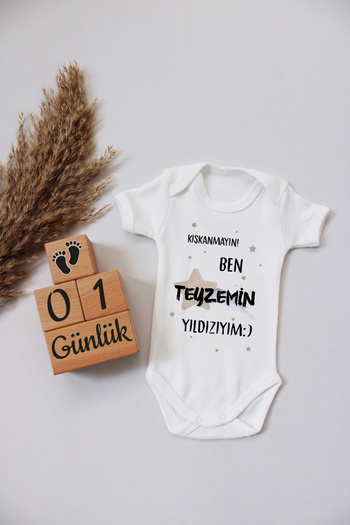 BİANNE ATÖLYESİ Bianne Workshop - Wooden Memory Cube and I'm a Star My Aunt Organic Printed Short Sleeve Badi