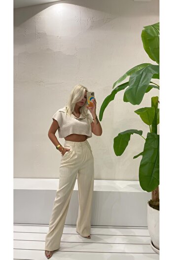 Perryes Kadın Ekru Yüksek Bel Wide Leg/Geniş Paça Çizgili Dokuma Pantolon