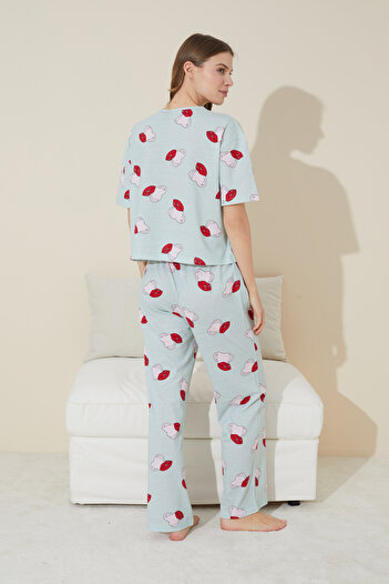 Siyah İnci yeşil kalp dudak desenli Örme Pijama Takım