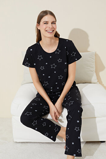 Siyah İnci Short Sleeve Black Star Patterned Cotton Pajamas Set