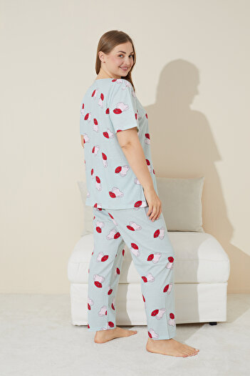 Siyah İnci yeşil kalp dudak desenli Örme Curve Büyük Beden Battal Boy Pijama Takımı