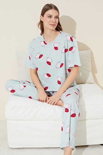 Siyah İnci yeşil kalp dudak desenli Örme Pijama Takım
