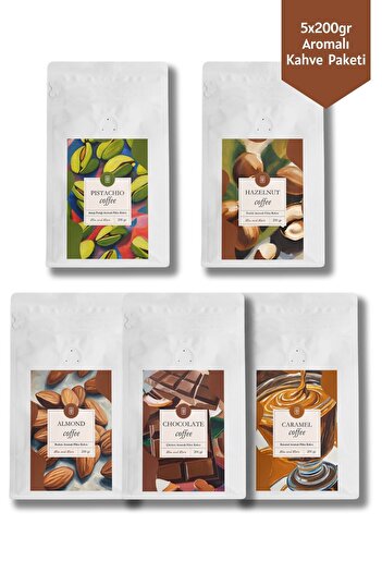Mim and More 5x200gr Pıstachıo, Hazelnut, Almond, Chocolate, Caramel Aromalı Kahve Paketi
