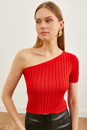 Olalook Women's Red Single Shoulder Thick Corded Short Sleeve Knitwear Blouse BLZ-19002623