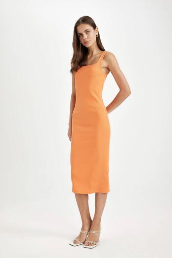 DeFacto Bodycon Fitted Basic Plain Square Neck Ribbed Camisole Sleeveless Midi Dress Z7577Az24Sm