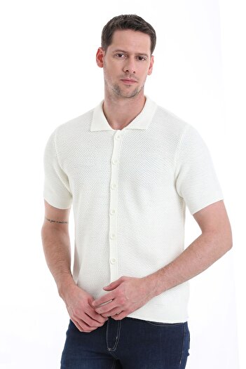 Hatemoğlu Ecru Short Sleeve Regular Fit Knitwear Cardigan - Plain Buttoned