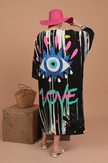 lovebox New Season Viscose Printed Fabric Panel Printed Women's Loose Black Dress