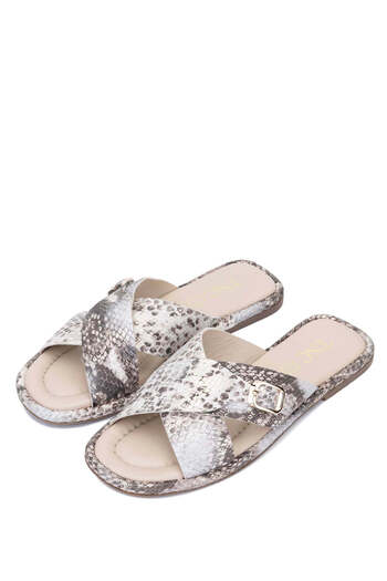 Tamer Tanca Women's Genuine Leather Beige Flat Slippers