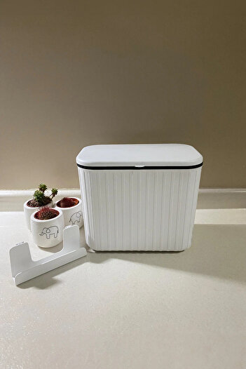 BySevil White Striped 8 Lt Kitchen Countertop and Cabinet Hanging Trash Can