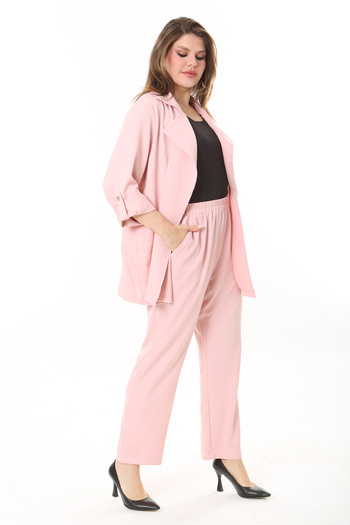 Şans Women's Large Size Pink Sleeve-Length Adjustable Unlined Jacket and Elastic Waist Pants Set 65N37779