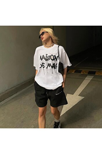 Mythologie Maison Design T-Shirt Shorts Combination Set - White Black Printed Oversize Crew Neck