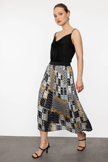 Ekol Pleated Patterned Midi Skirt Black