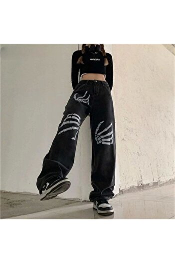 Gofeel Gothic Skeleton Hand Baskılı Unisex Bol Paça Koyu Gri Pantolon
